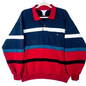 Vintage American Weekend Colorblock Striped Sweatshirt Mens Large Navy Magenta